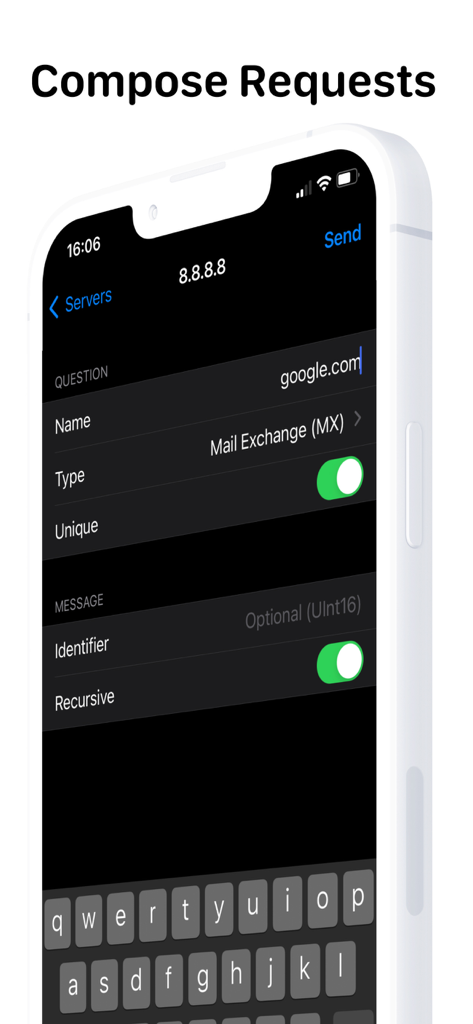 DNS Client - Un'istantanea dell'interfaccia dell'app DNS Client per la composizione delle richieste DNS.