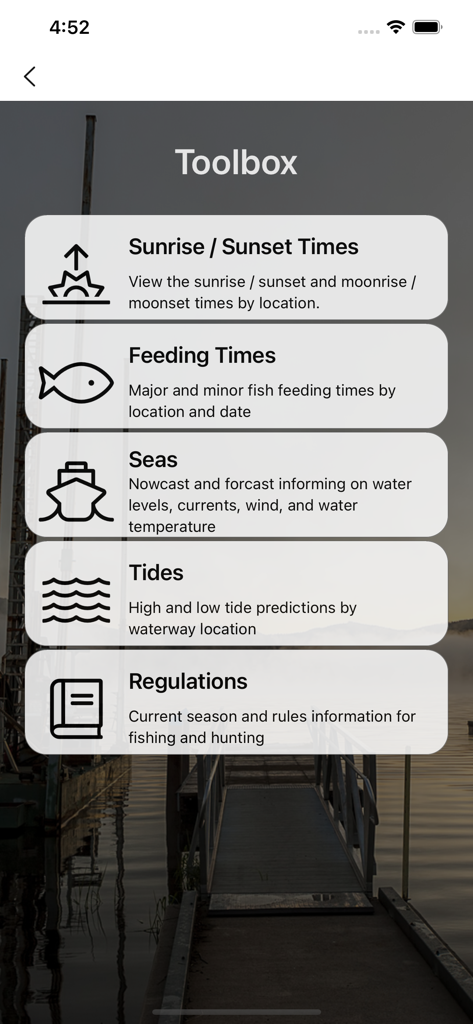 Go Outdoors VA - Go Outdoors VA app toolbox menu featuring sunrise times feeding times sea conditions tides and regulations