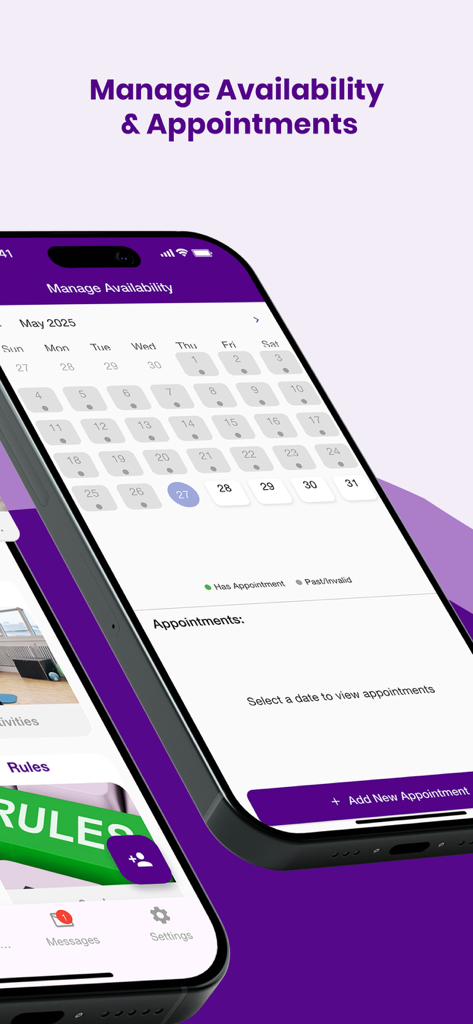 My Virtual Carer - Care App - Interface for managing care availability and scheduling appointments with a monthly calendar view