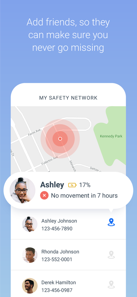 Noonlight app interface displaying the Safety Network feature with real time location tracking of friends