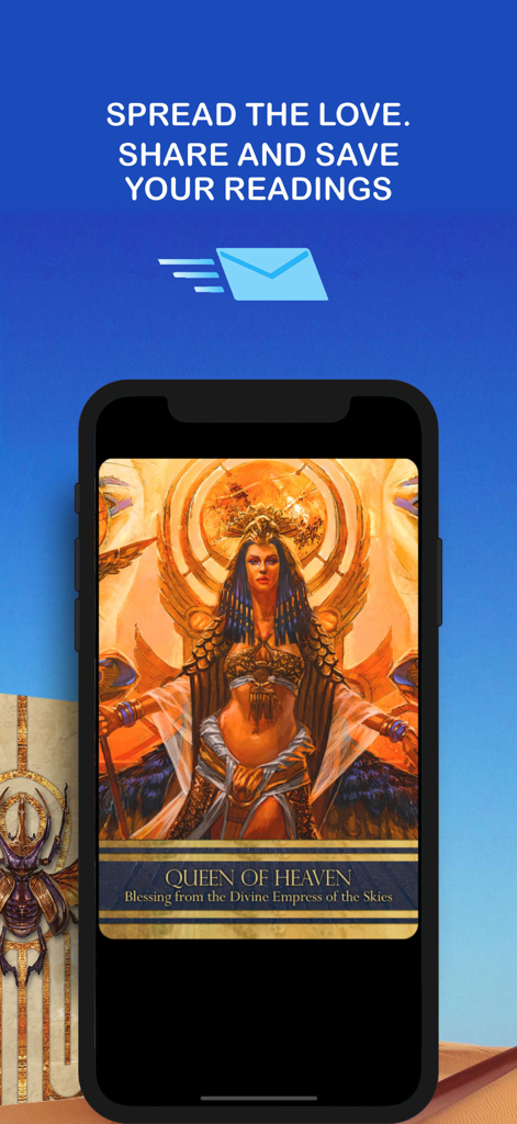 Isis Oracle - A mobile screen showing the Queen of Heaven oracle card and a call to action to share and save readings.