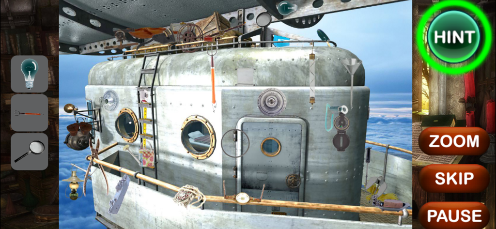 Mystery Hidden Objects - Gameplay screen of Mystery Hidden Objects featuring a metal cabin scene with hint and zoom buttons.