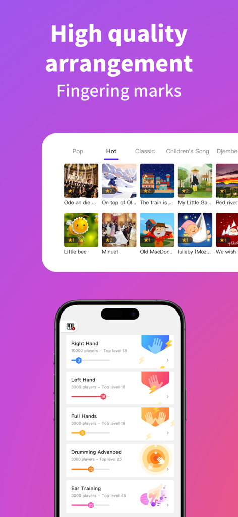 POP Piano App-Oberfläche, die eine Bibliothek von Pop-Songs und spezielle Trainingsstufen für die Fingerfertigkeit der rechten und linken Hand zeigt