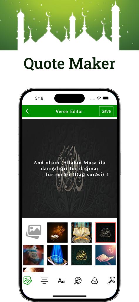 Azerbaijani Quran - Azerbaijani Quran app quote maker interface showing a verse editor with Azerbaijani text and various background options