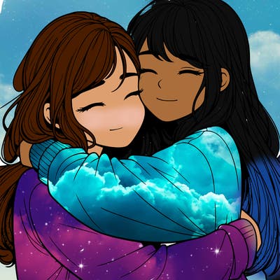 realistic two girls hugging