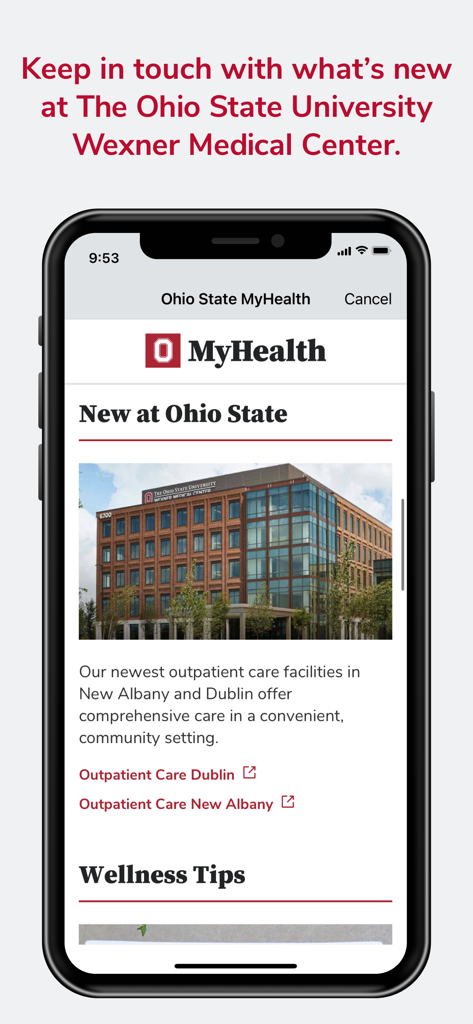 Ohio State MyHealth app displaying news about new outpatient care facilities at Wexner Medical Center