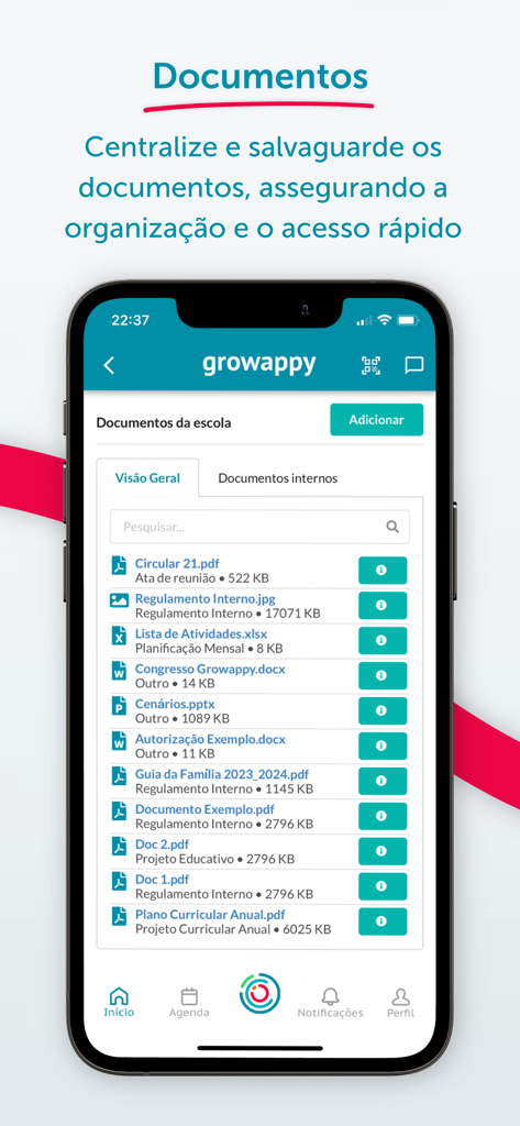 Growappy - Interfaz de la aplicación móvil Growappy que muestra una lista centralizada de documentos escolares, incluyendo PDFs y hojas de cálculo para los padres