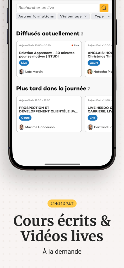 Studi - Comptalia - Interface de l'application Studi montrant un programme de cours de formation professionnelle en direct et à la demande avec des profils d'enseignants.
