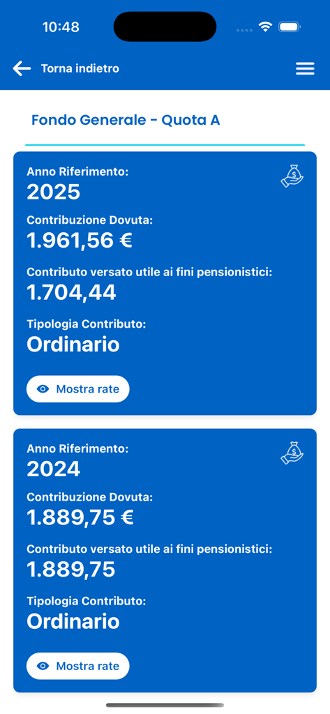 Interface de l'application ENPAM Iscritti montrant les détails des cotisations de retraite pour 2024 et 2025.