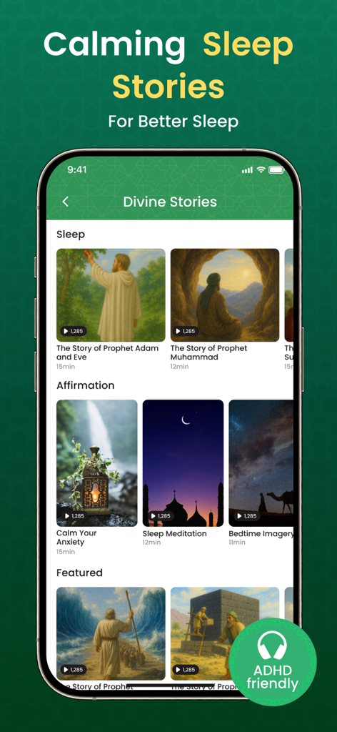 A mobile app interface displaying a library of calming Islamic sleep stories and affirmations.