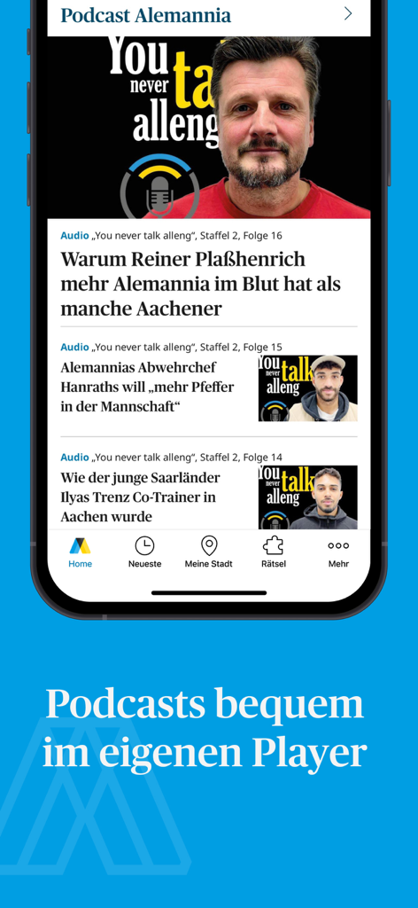 Aachener Zeitung News - Aachener Zeitung News app interface showing the local podcast section for Alemannia Aachen football news