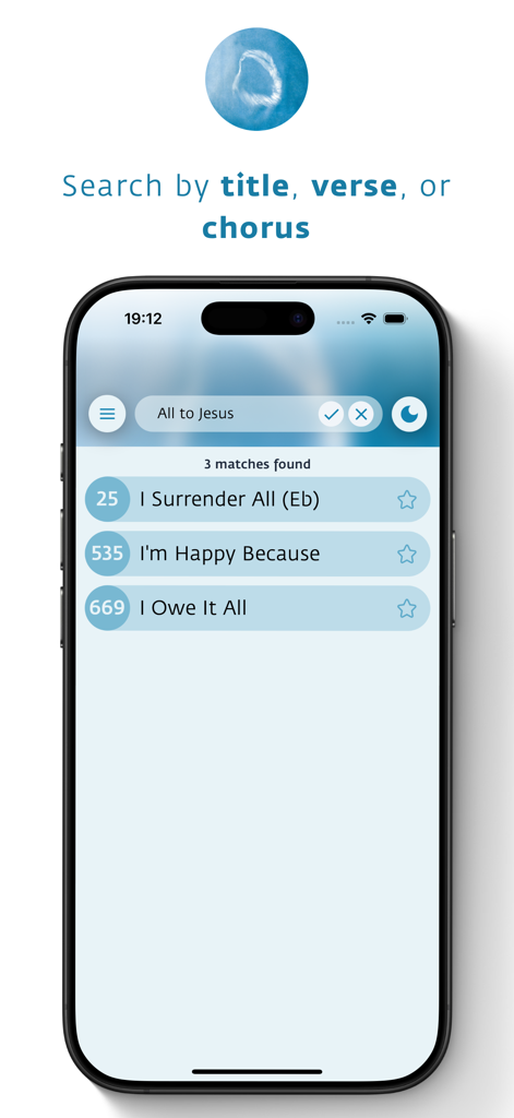 Mobile screen showing search results for Christian hymns by title verse or chorus in the Only Believe app
