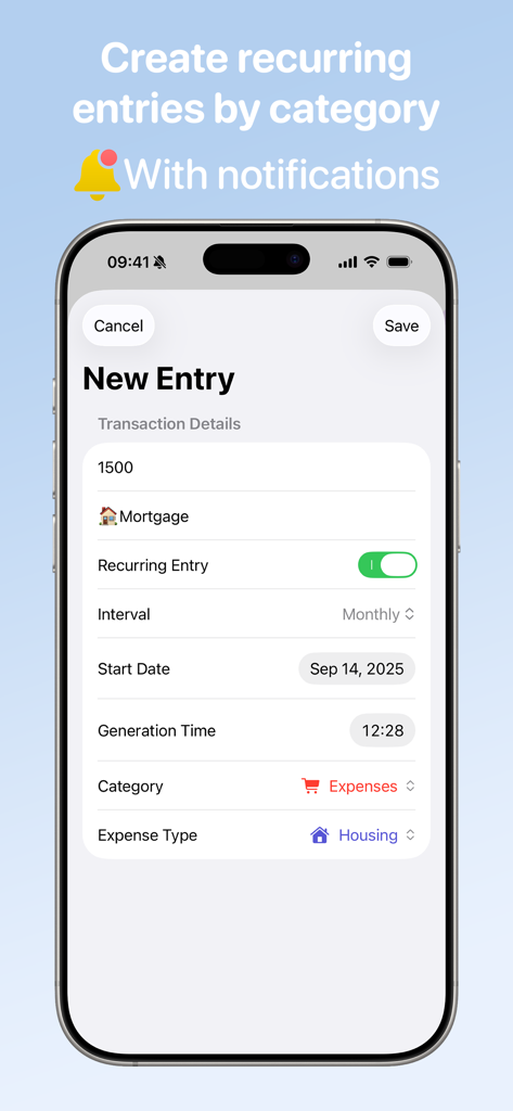 Cash Count Pro - Finance - A mobile interface for creating a monthly recurring mortgage transaction in the Cash Count Pro app with notification settings enabled