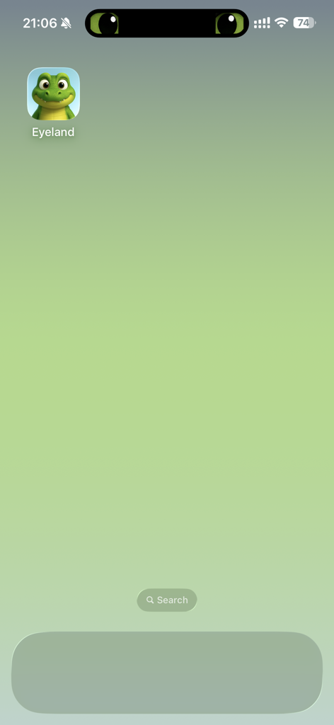 Captura de pantalla del icono de la aplicación Eyeland y ojos de cocodrilo animados integrados en la Isla Dinámica del iPhone