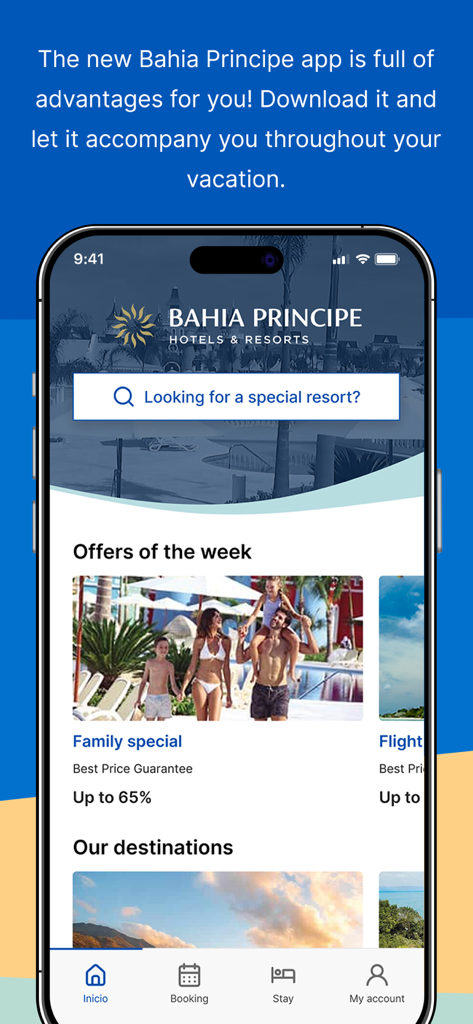 Bahia Principe Hotels - Pantalla de inicio de la aplicación Hoteles Bahia Principe que muestra la barra de búsqueda del resort y ofertas de vacaciones semanales