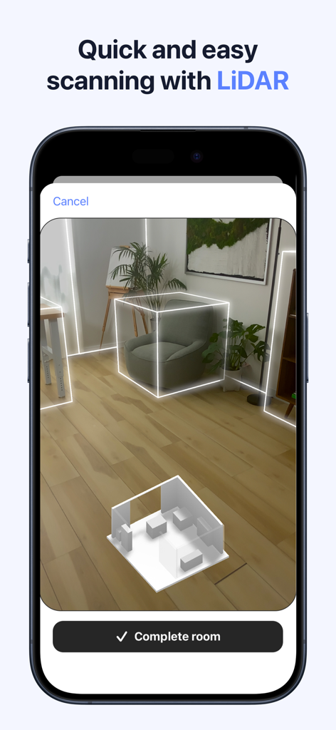 Room Scanner 앱이 LiDAR 기술을 사용하여 방을 스캔하고 3D 모델을 생성하는 스마트폰 화면.