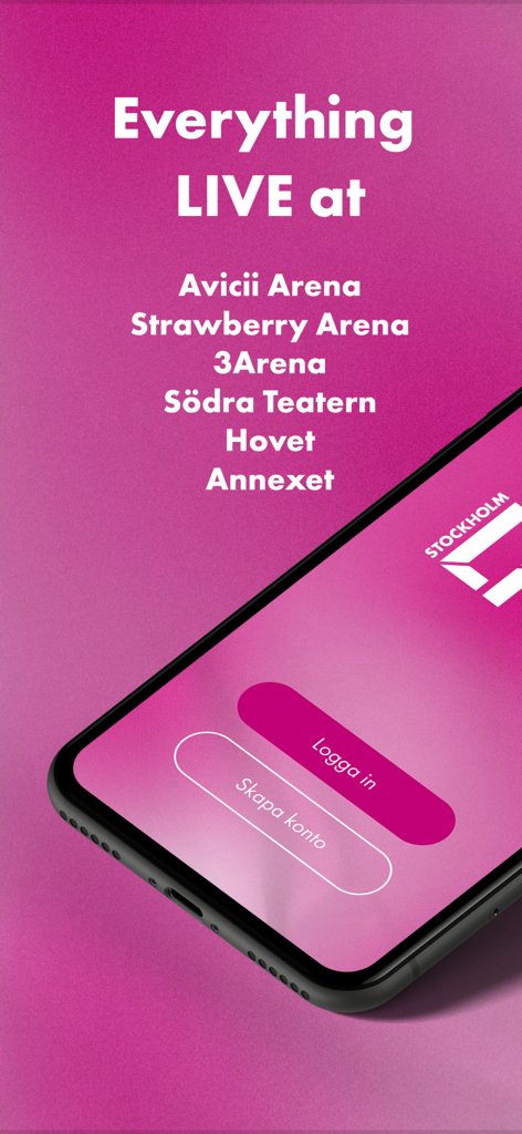 Pantalla de bienvenida de la aplicación Stockholm Live mostrando los nombres de las arenas y las opciones de inicio de sesión en un fondo rosa