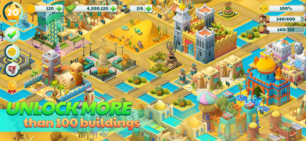 Town City - Building Simulator - Desert city simulation gameplay showing multiple building types and canals