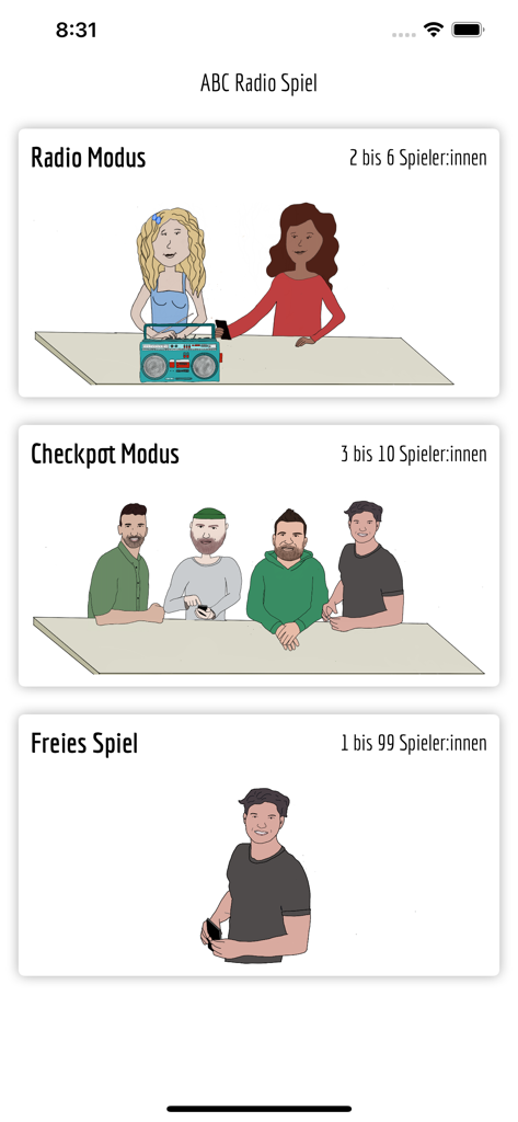 ABC Radio Spiel (Schweizer Ed) - ABCラジオシュピールアプリのインターフェイス。ラジオモード、チェックポットモード、フリープレイゲームモードの選択画面を表示。
