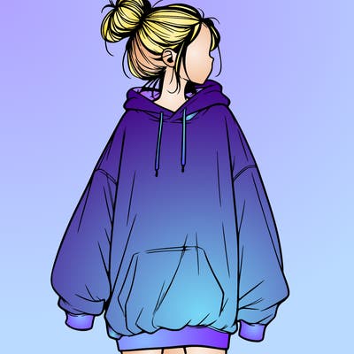 realistic girl with a oversized sweatshirt on and a bun