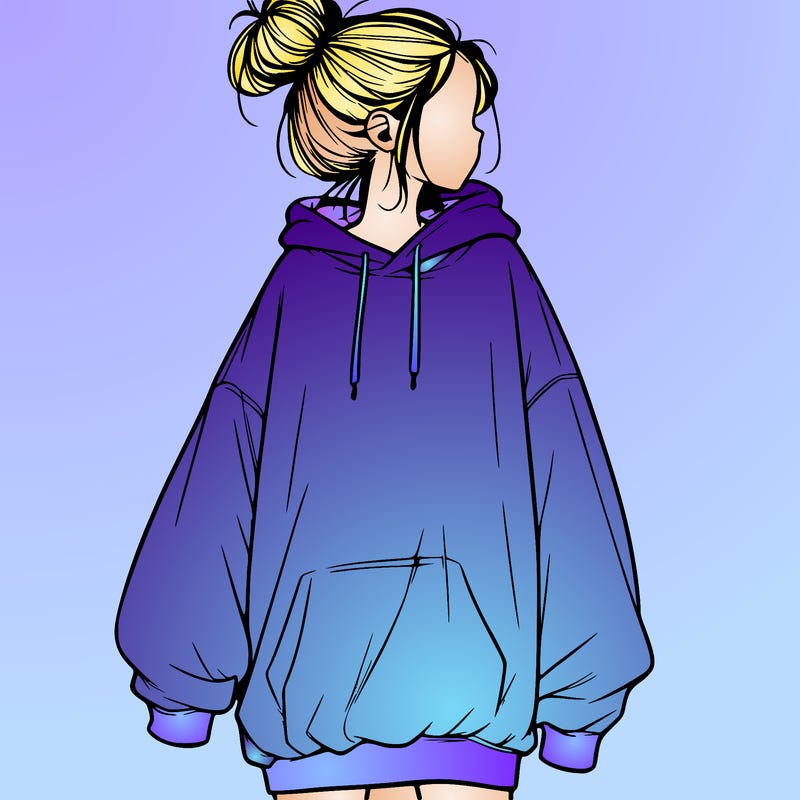 realistic girl with a oversized sweatshirt on and a bun
