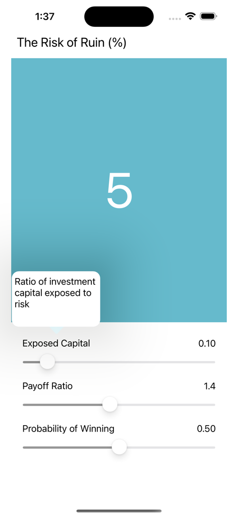 RuinRisk app screen showing a five percent risk of ruin calculation with interactive sliders