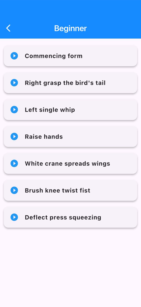 A menu of Tai Chi beginner video lessons including White crane spreads wings and Raise hands