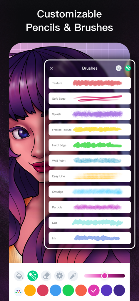 Coloring Book - ColorGuru - Un menu montrant divers crayons et pinceaux personnalisables avec différentes textures et couleurs dans l'application de coloriage ColorGuru.