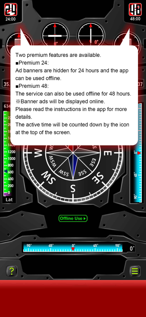 Captura de pantalla de la aplicación Full Compass que muestra un menú emergente con opciones premium para uso sin conexión y funciones sin publicidad sobre una interfaz de brújula mecánica