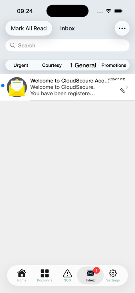 Cloudsell Cloud Secure - コミュニティ通知のカテゴリが表示されたメッセージ受信トレイを示すCloudsell Cloud Secureアプリのインターフェース。