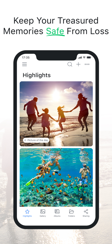 Total Drive - Cloud Storage - Total Drive App-Oberfläche, die Familien-Highlights und sichere Speicherfunktionen zeigt.