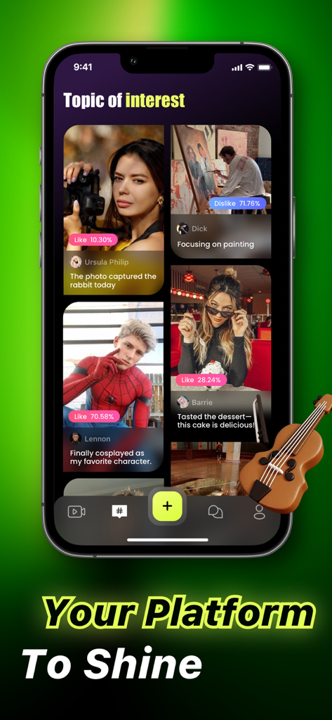 Nero app interface showing the Topic of Interest feed with user posts about hobbies like painting and cosplay.