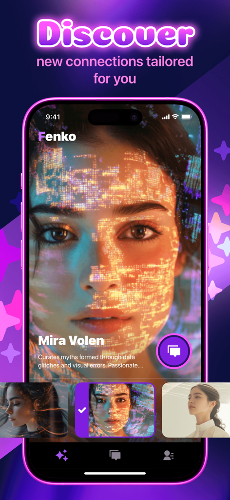 Fenko - Fast Talk & Chat - Interfaz de la aplicación de chat IA Fenko que muestra una pantalla de descubrimiento para perfiles de compañeros IA personalizados con estética de neón
