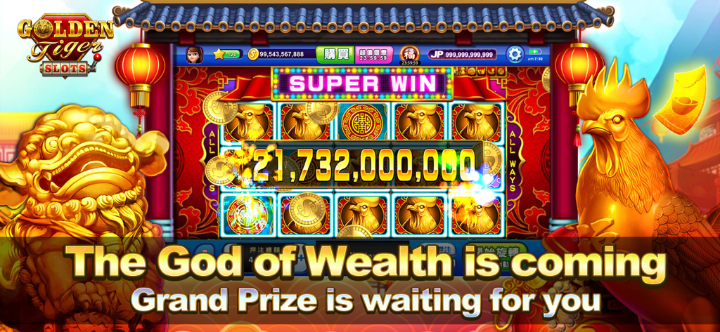 Golden Tiger Slots - Slot Game - Una pantalla de supervictoria en Golden Tiger Slots que muestra un jackpot de temática asiática con símbolos de gallos de oro y linternas rojas.