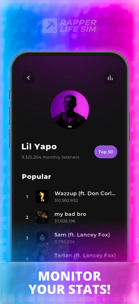Rapper Life Simulator - A mobile game screen from Rapper Life Simulator showing an artist profile for Lil Yapo with monthly listener counts and a popular tracks list.