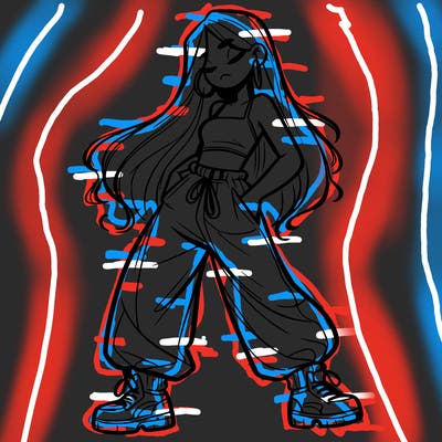 girl in baggy pants crop top and long hair