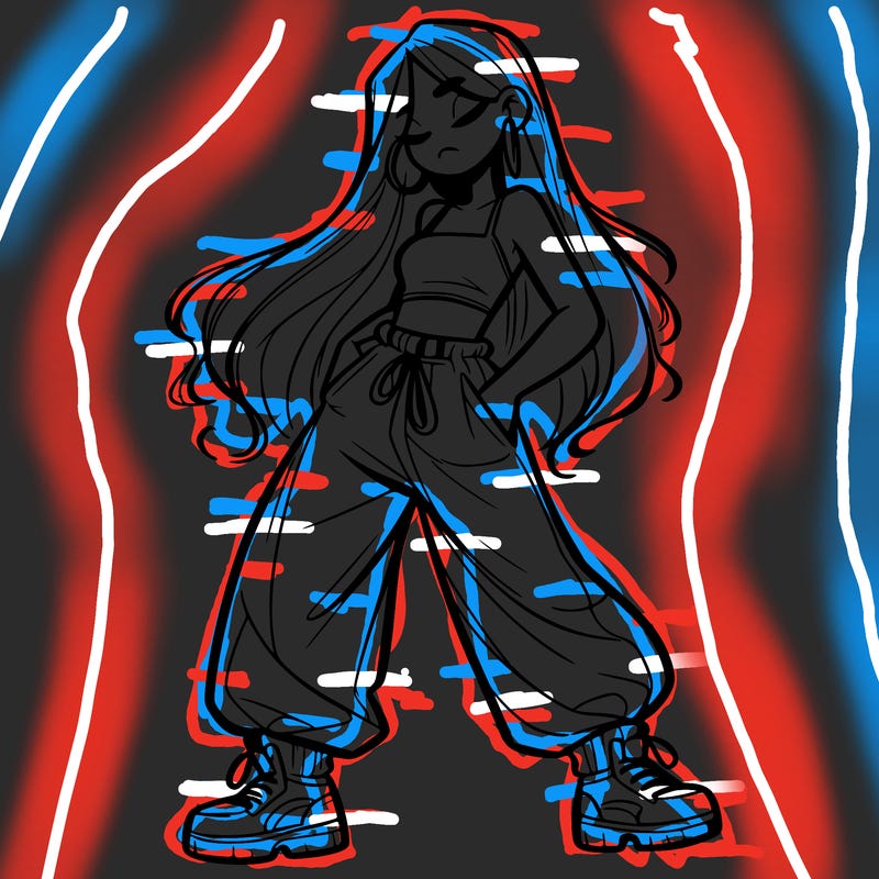 girl in baggy pants crop top and long hair