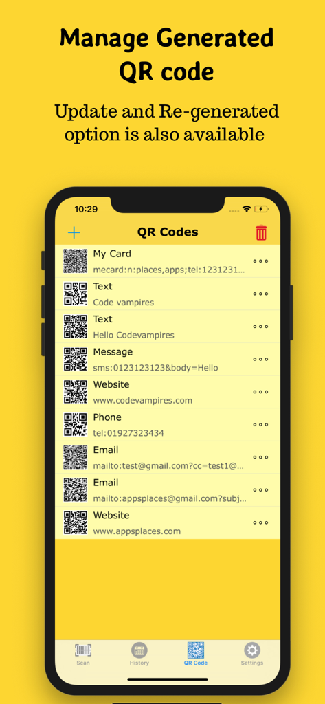 QR-Code Scan - A mobile app interface displaying a list of generated QR codes for websites, emails, and contact cards