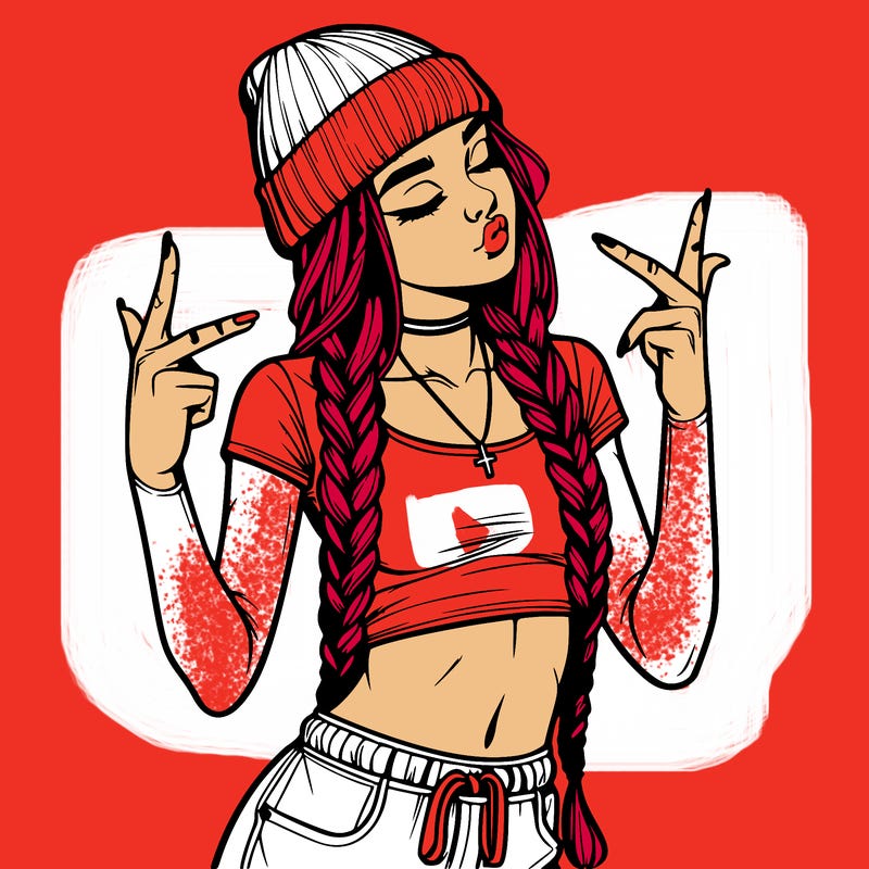 realistic teenage girl with braids and a beanie and crop top doing 🫶🏼