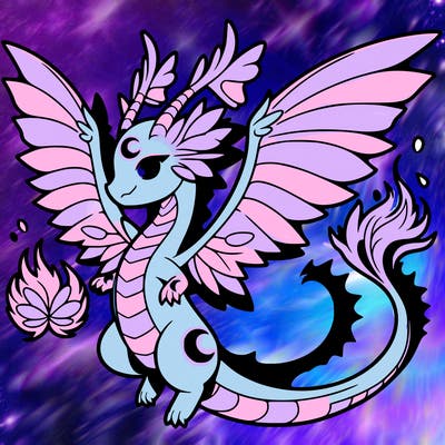 a anime dragon with butterfly wings and a crescent moon on it chest with fire on it tail