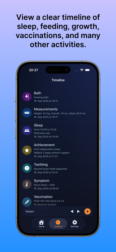 Pantalla de smartphone que muestra una línea de tiempo cronológica de las actividades del bebé como siestas, síntomas y vacunas en la aplicación Minimi.