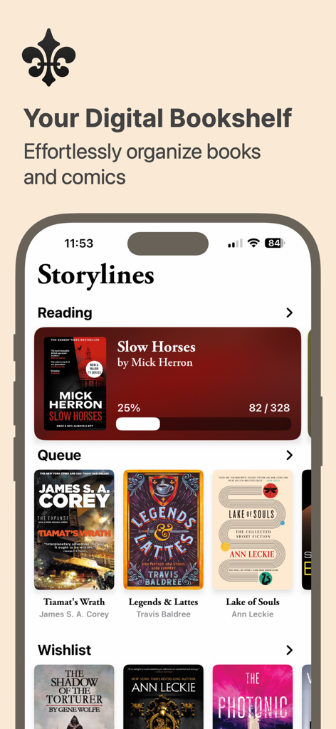 A screenshot of the Storylines app showing a digital bookshelf with current reading progress, a book queue, and a wishlist.