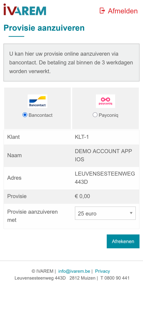 Schnittstelle der IVAREM Mobile-App mit dem Zahlungsbildschirm zum Aufladen des Guthabens für die Abfallentsorgung