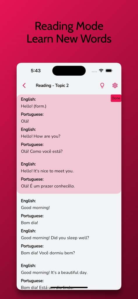 Portuguese Learning Beginners - Aplicación de aprendizaje de idiomas portugués que muestra el modo de lectura con traducciones de inglés a portugués de saludos y frases comunes.