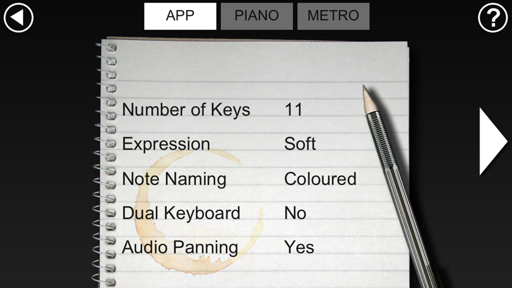 Pianist - Settings menu for the Pianist app displayed on a skeuomorphic spiral notepad background