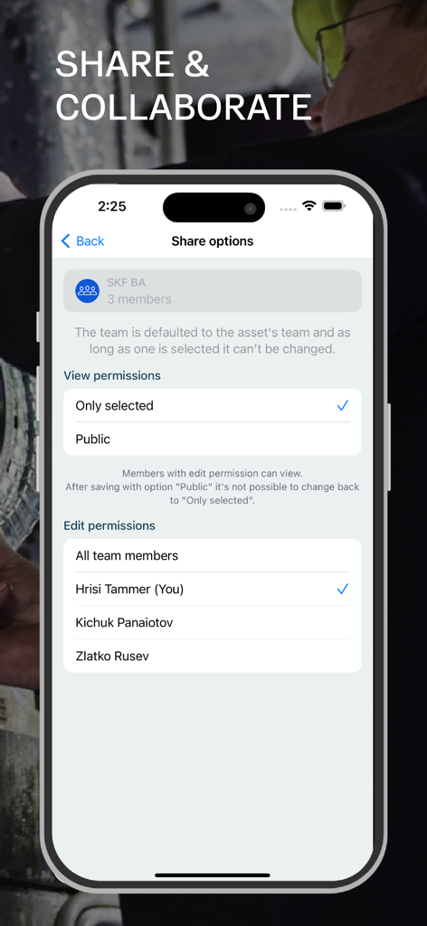 Pantalla de la aplicación SKF Bearing Assist que muestra opciones para compartir y configuraciones de permisos de miembros del equipo