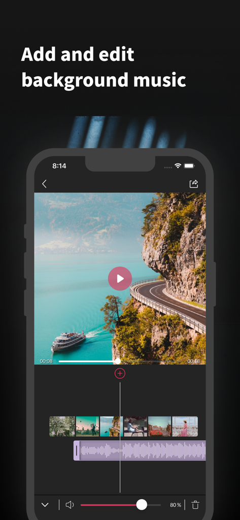 Slideshow Maker & Music Video - Mobile Oberfläche der PicMusic App mit einer Videovorschau und einer Audio-Timeline zum Hinzufügen von Hintergrundmusik zu einer Diashow.