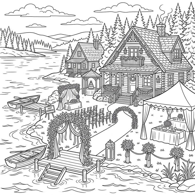 Step into a world of romance and natural beauty with this charming lake cottage wedding coloring page. Celebrate love amidst scenic views and intricate details, offering a delightful escape for your artistic touch.