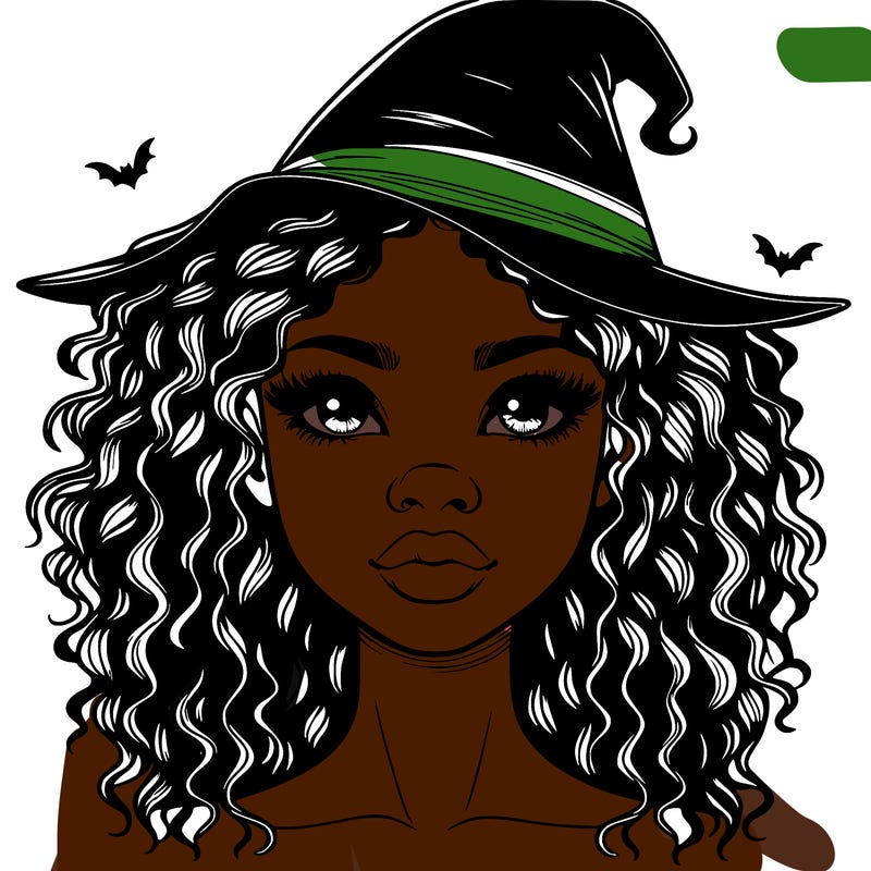 realistic black girl with wavy hair and witch hat and nose and lips