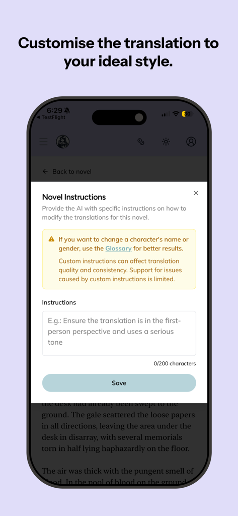 Interfaccia per personalizzare lo stile e il tono della traduzione AI nell'app OpenNovel.
